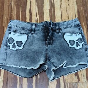 Lovedivk Washed Black Skull Pocket Denim Shorts